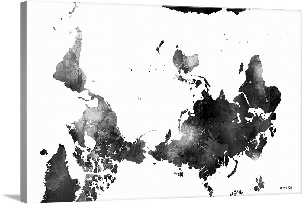 Contemporary black and white watercolor world map.