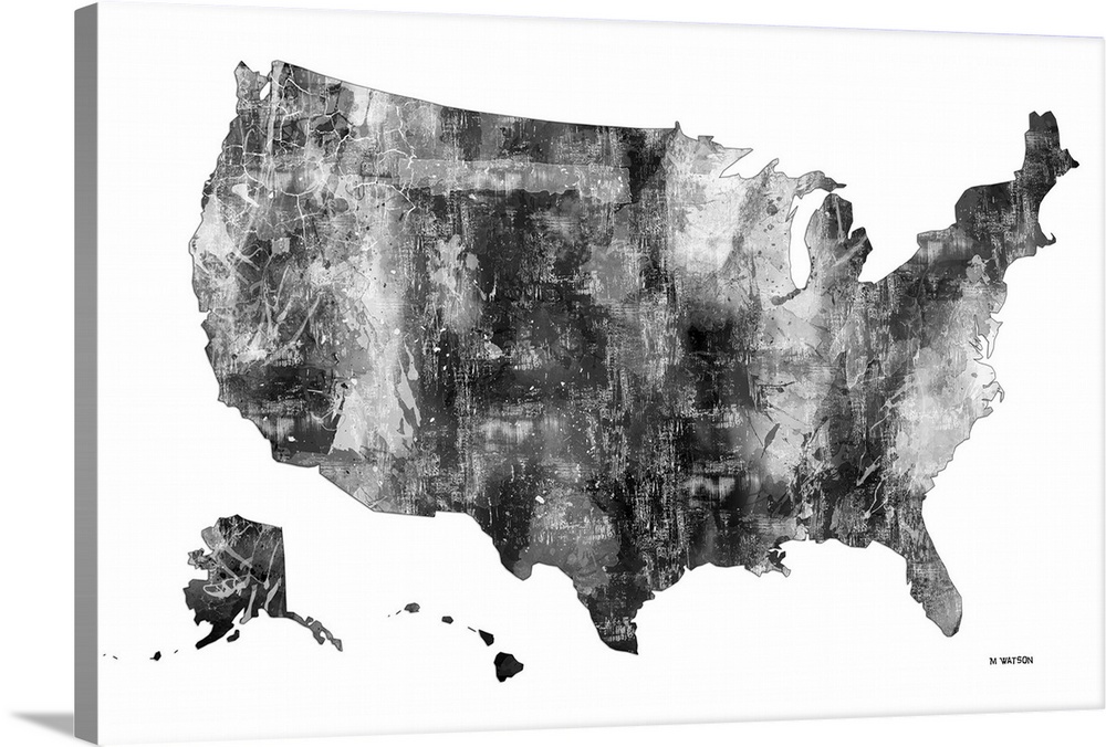 Contemporary black and white watercolor art map of the USA.