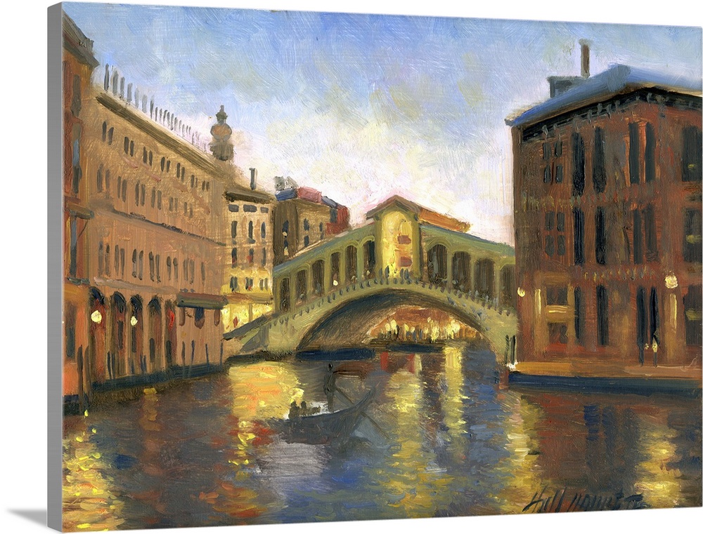 Contemporary painting of a scenic view of a town in Venice.