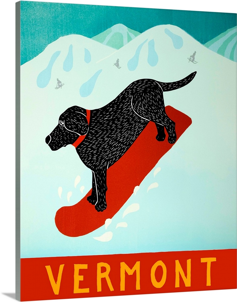 Illustration of a black lab going down the slopes in Vermont on a red snowboard.
