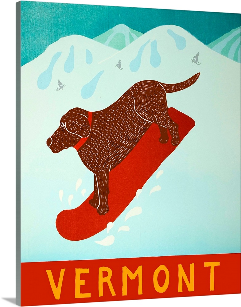 Illustration of a chocolate lab going down the slopes in Vermont on a red snowboard.