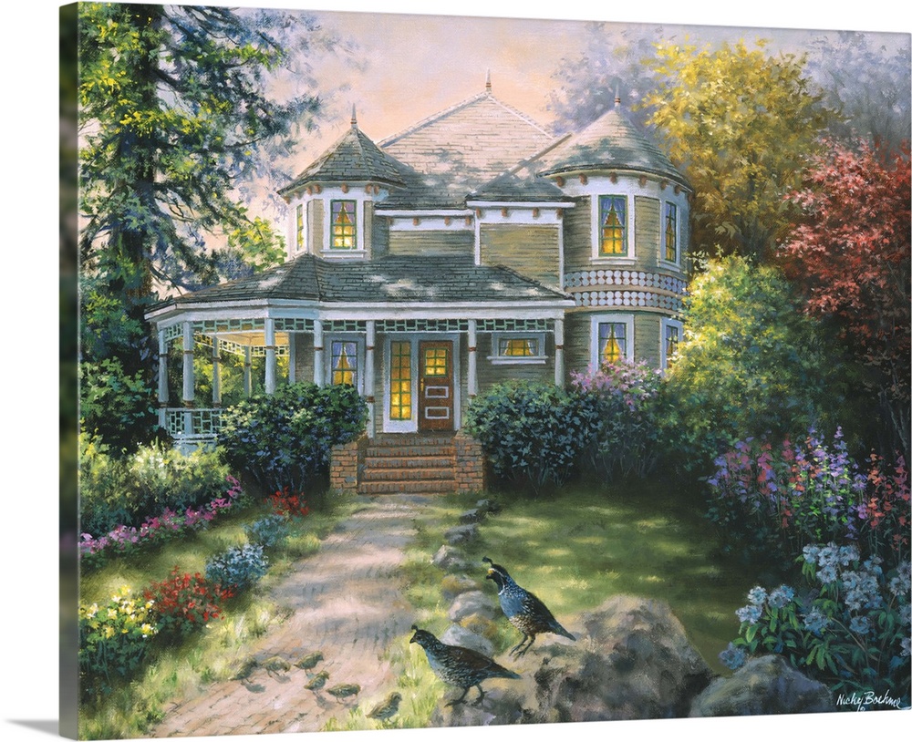 Painting of a large Victorian house with glowing windows. Product is a painting reproduction only, and does not contain ac...