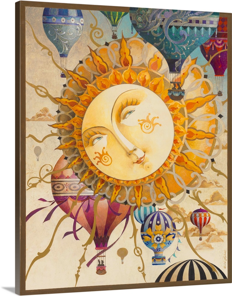 Contemporary artwork of a smiling sun with ornate rays fanned out in all directions, with hovering hot air balloons all ar...