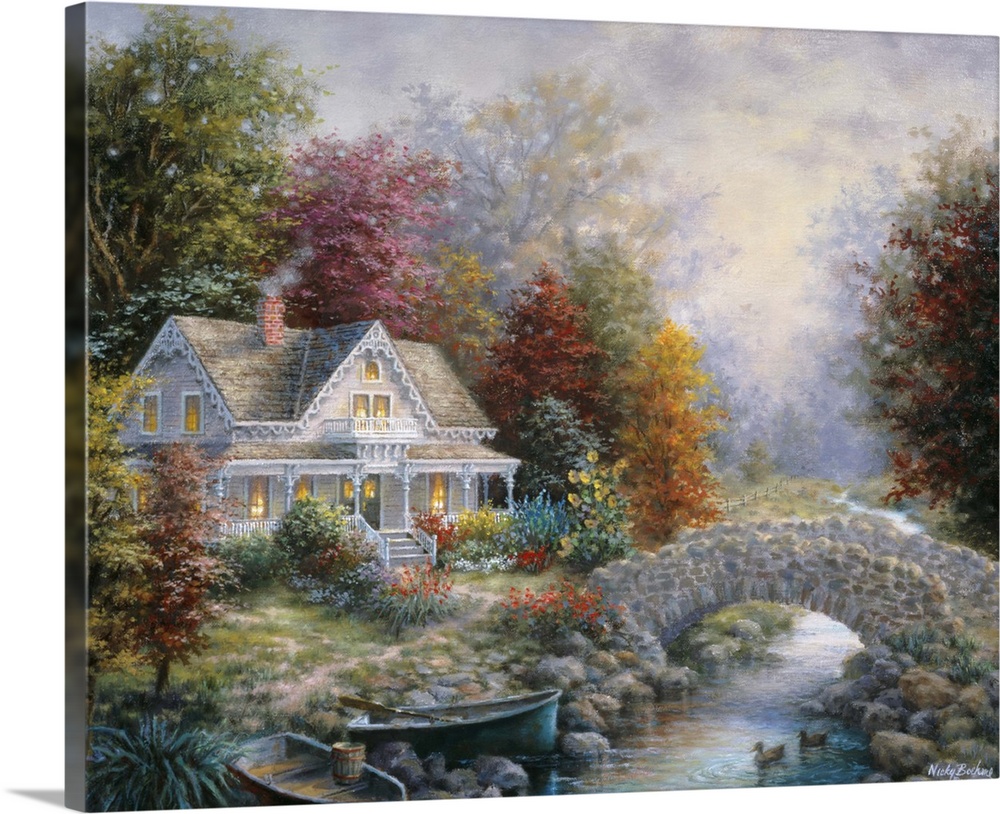 Painting of house with glowing windows next to a bridge. Product is a painting reproduction only, and does not contain act...