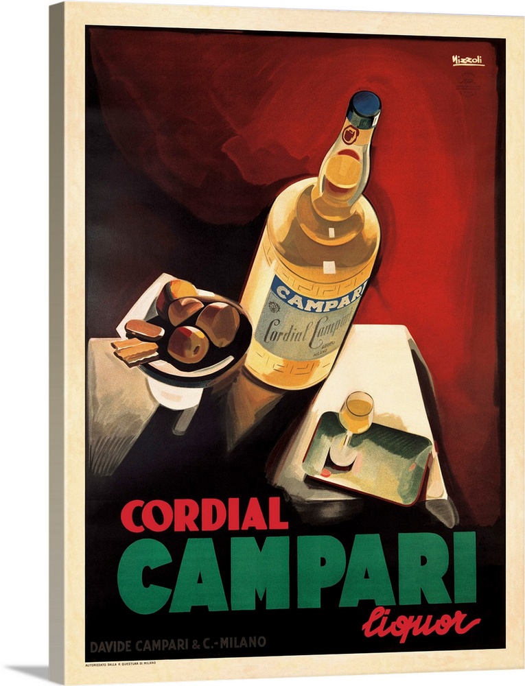 Vintage Posterbottle, glass and plate of fruit and cookiesReads: Cordial Campari Liquor