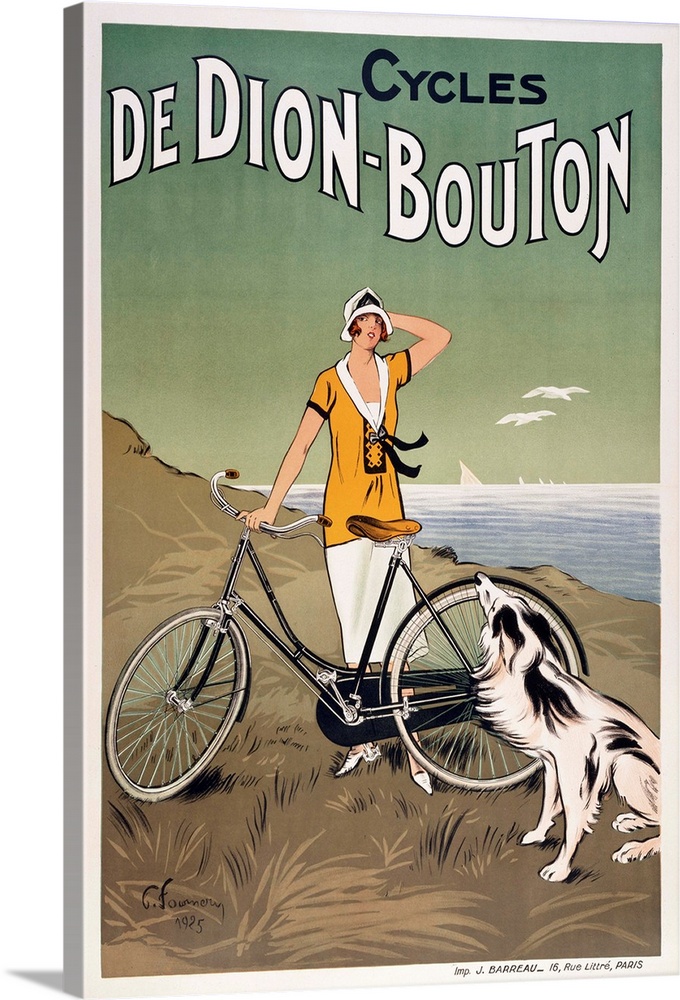 Woman standing on a hill with her bicycle and dog, a bay is in the distance behind her.