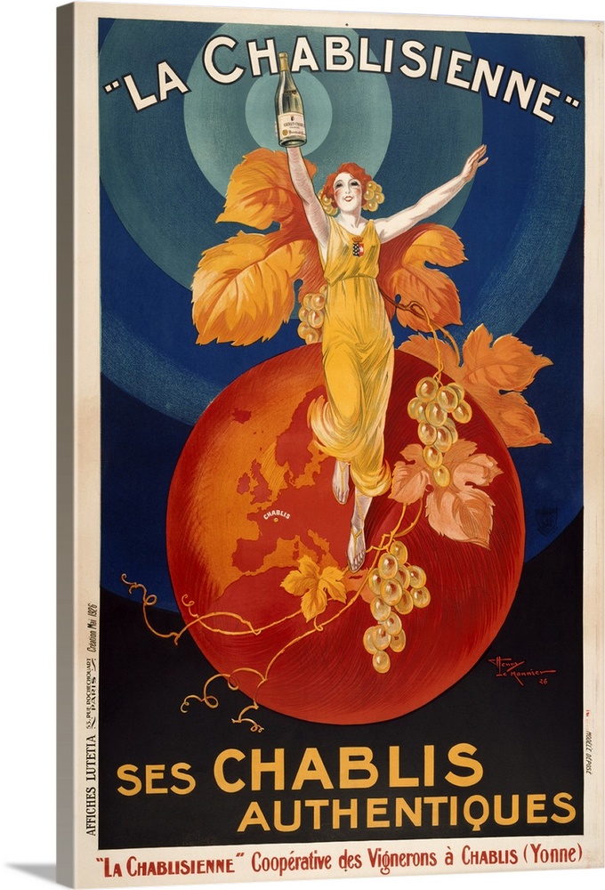 VINTAGE POSTERwoman standing on orange globe with grapes on vine holding up  bottleLA CHABLISIENNE SES CHABLIS AUTHENTIQUES