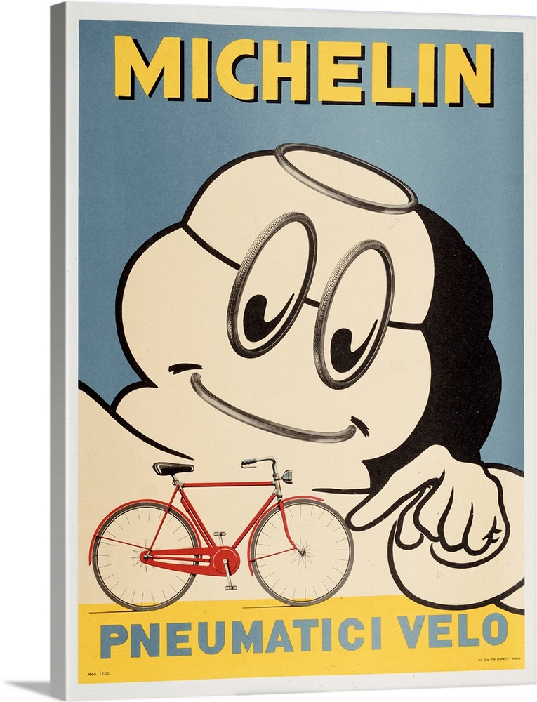 Michelin man pointing to the tires on a bicycle.