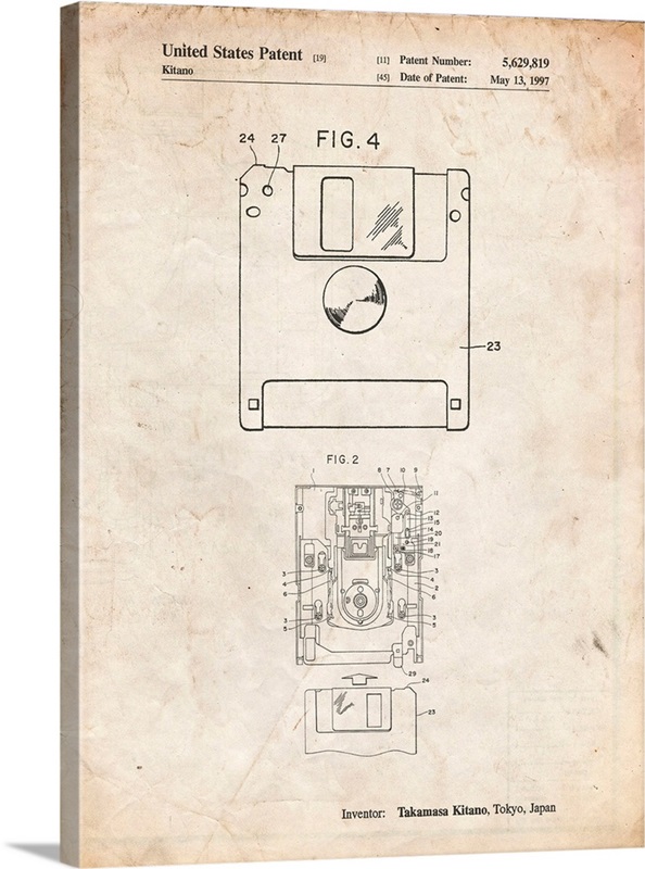 Vintage Parchment 3 1/2 Inch Floppy Disk Patent Poster Wall Art, Canvas