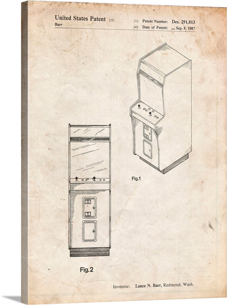 Vintage Parchment Arcade Game Cabinet Front Figure Patent Poster