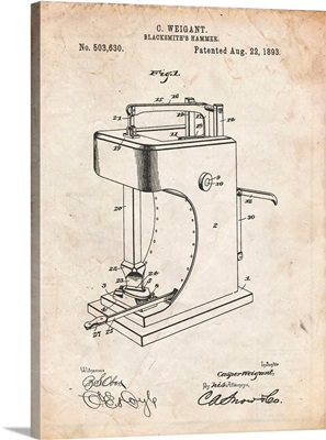 Vintage Parchment Blacksmith Hammer 1893 Patent Poster