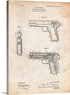Vintage Parchment Browning No. 2 Handgun Patent Poster
