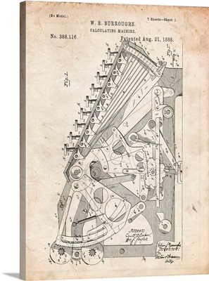 Vintage Parchment Burroughs Adding Machine Patent Poster