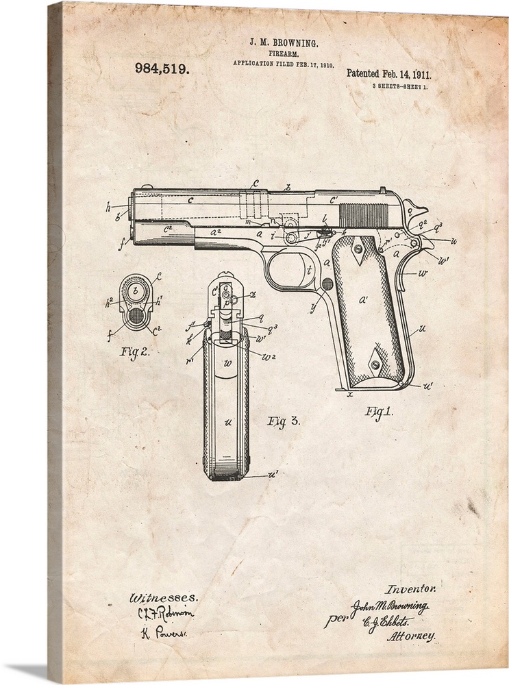 Vintage Parchment Colt 1911 Semi-Automatic Pistol Patent Poster