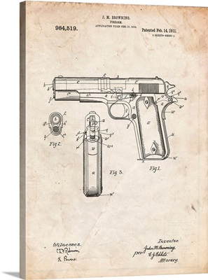 Vintage Parchment Colt 1911 Semi-Automatic Pistol Patent Poster