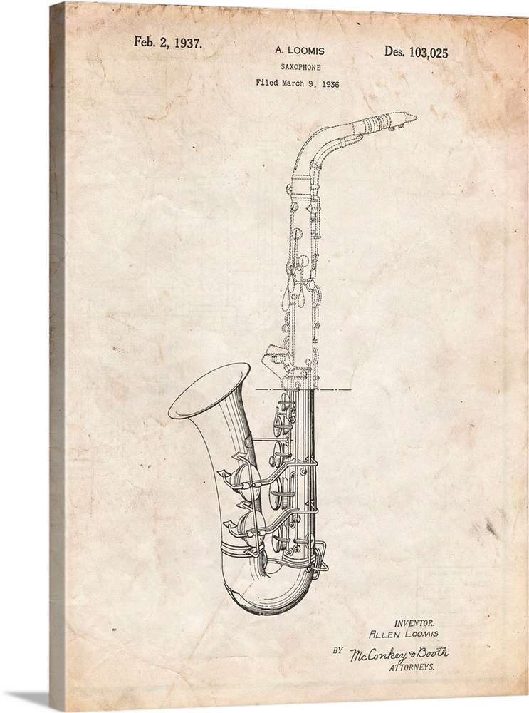 Vintage Parchment Conn A Melody Saxophone Patent Poster