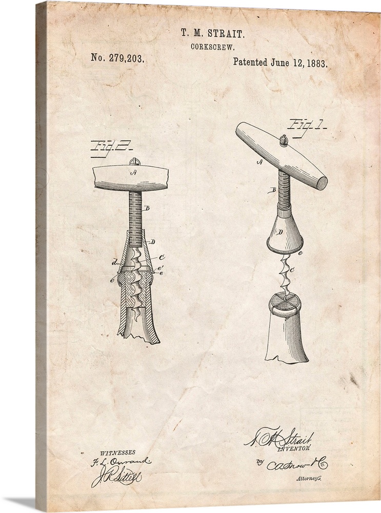 Vintage Parchment Corkscrew 1883 Patent Poster
