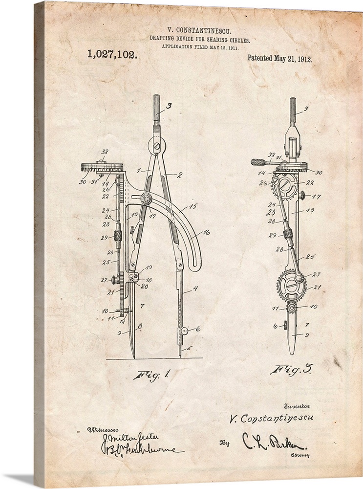 Vintage Parchment Drafting Compass 1912 Patent Poster