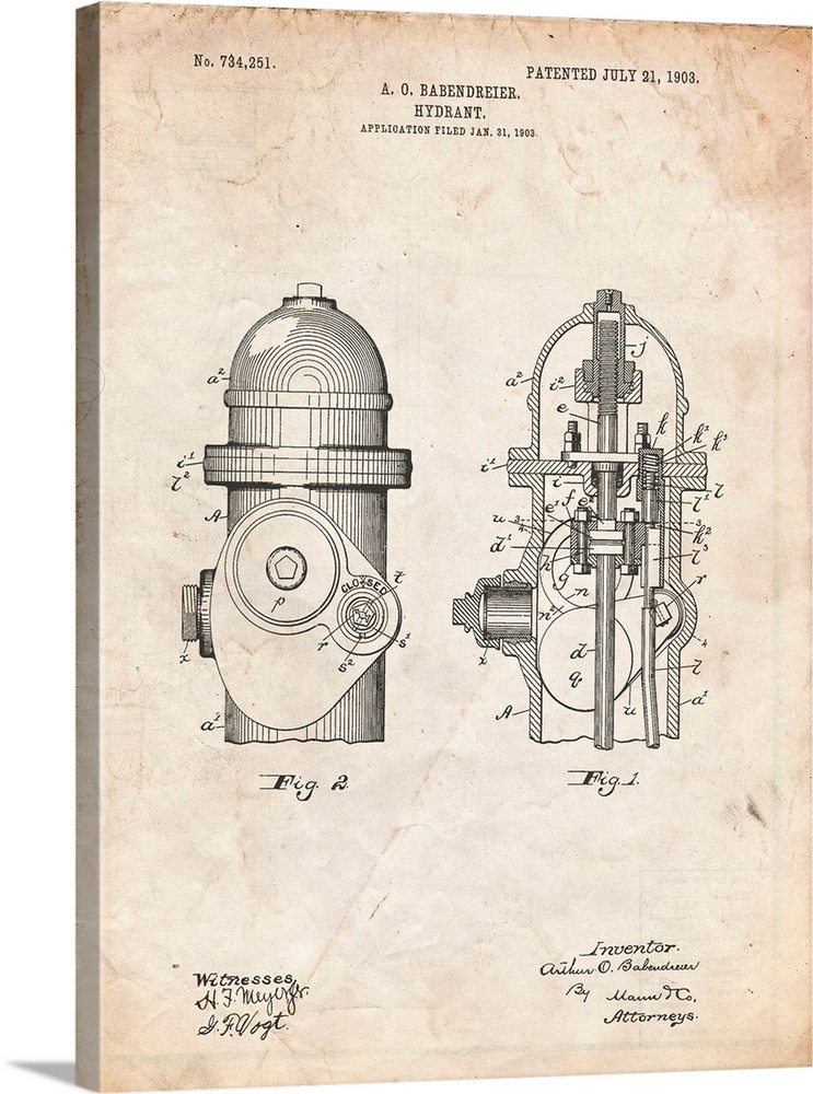 Vintage Parchment Fire Hydrant 1903 Patent Poster