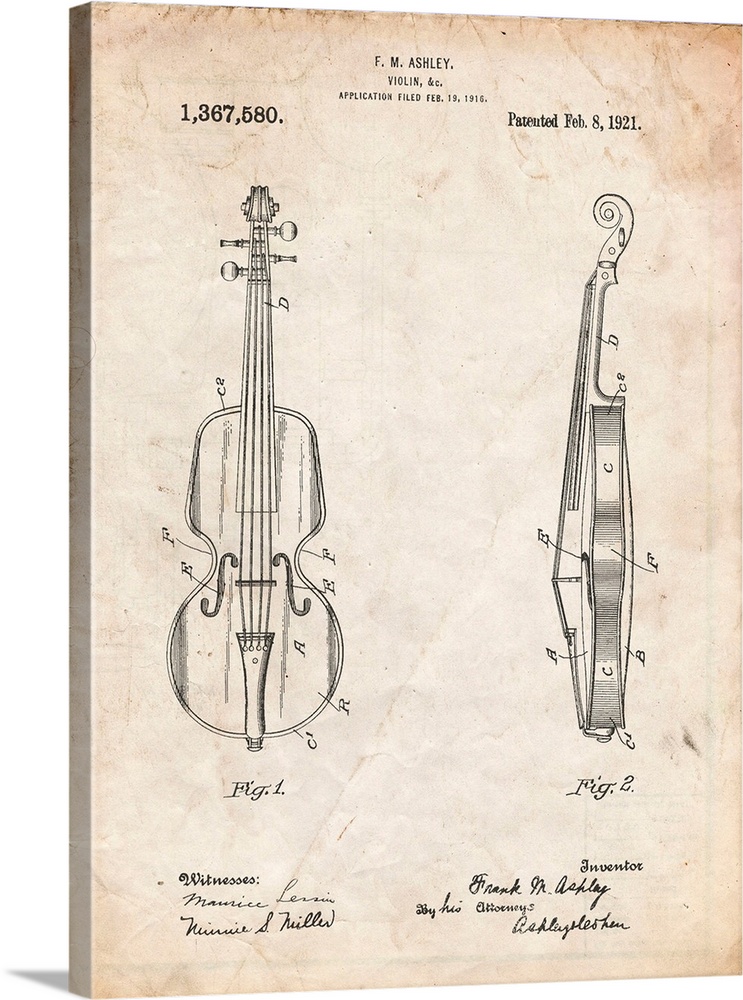 Vintage Parchment Frank M. Ashley Violin Patent Poster