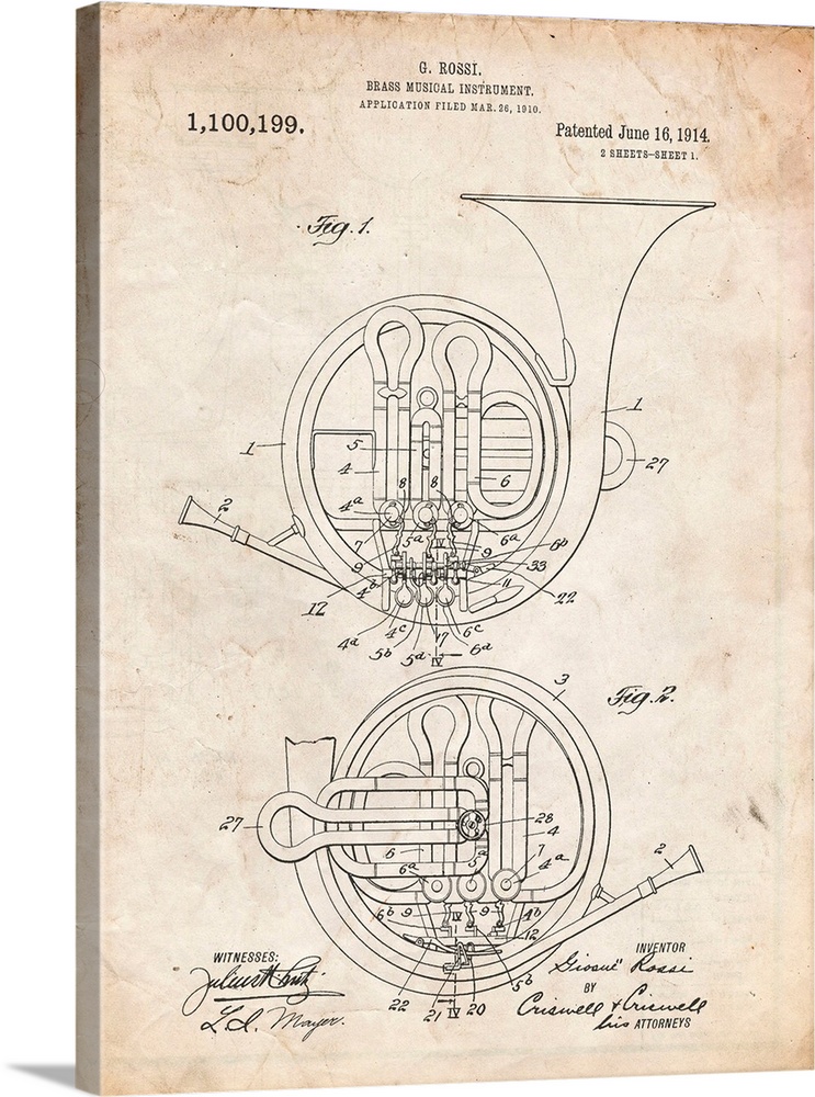 Vintage Parchment French Horn 1914 Patent Poster
