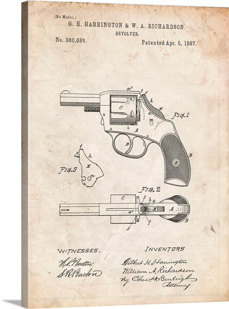 Vintage Parchment H & R Revolver Pistol Patent Poster