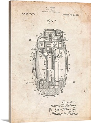 Vintage Parchment Hand Grenade World War 1 Patent Poster