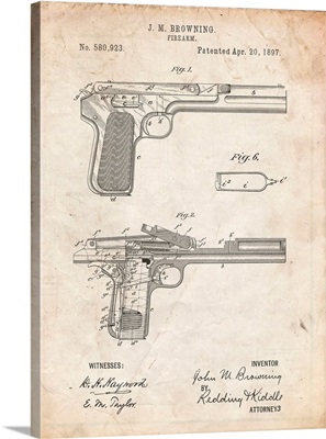 Vintage Parchment J.M. Browning Pistol Patent Poster