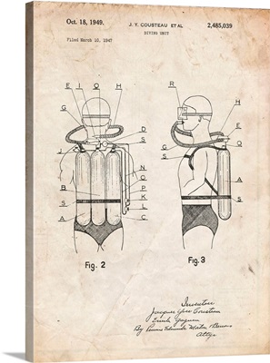 Vintage Parchment Jacques Cousteau Diving Suit Patent Poster