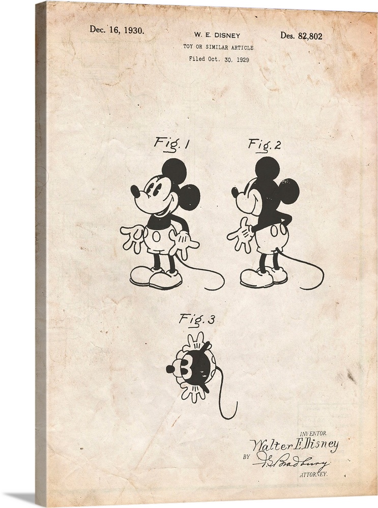 Vintage Parchment Mickey Mouse 1929 Patent Poster