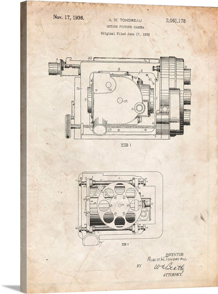 Vintage Parchment Motion Picture Camera 1932 Patent Poster