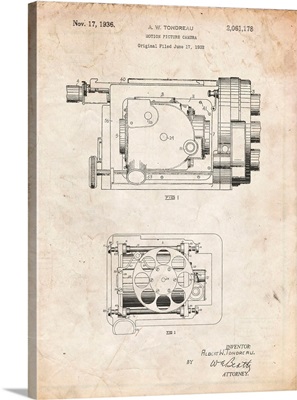 Vintage Parchment Motion Picture Camera 1932 Patent Poster