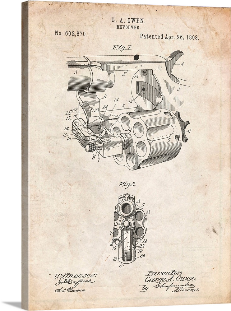 Vintage Parchment Owen Revolver Patent Art