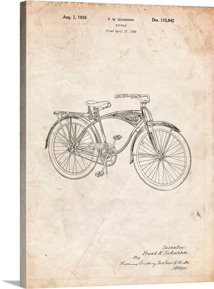 Vintage Parchment Schwinn 1939 BC117 Bicycle Patent Poster