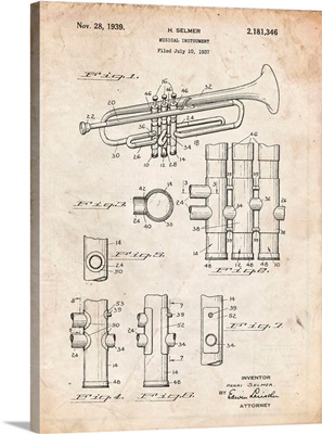 Vintage Parchment Selmer 1939 Trumpet Patent Poster