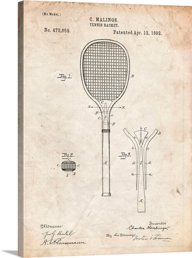 Vintage Parchment Tennis Racket 1892 Patent Poster
