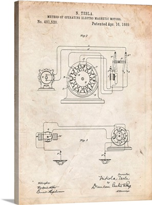 Vintage Parchment Tesla Operating Electric Motors Map Poster