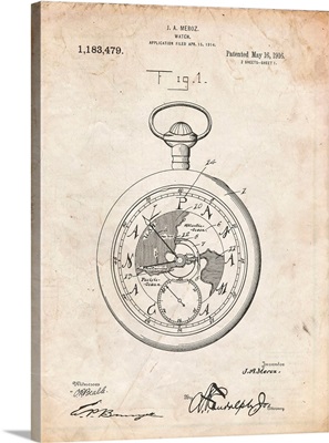 Vintage Parchment U.S. Watch Co. Pocket Watch Patent Poster
