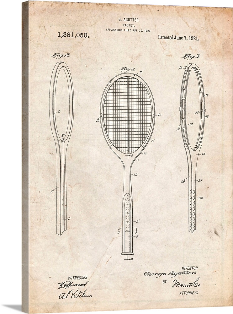 Vintage Parchment Vintage Tennis Racket Patent Poster