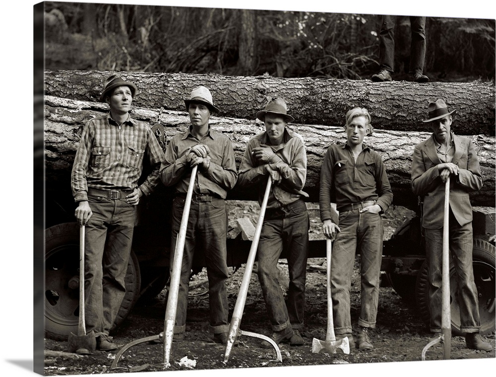 Vintage Photograph of Logging crew standing in front of felled tree on a wagon