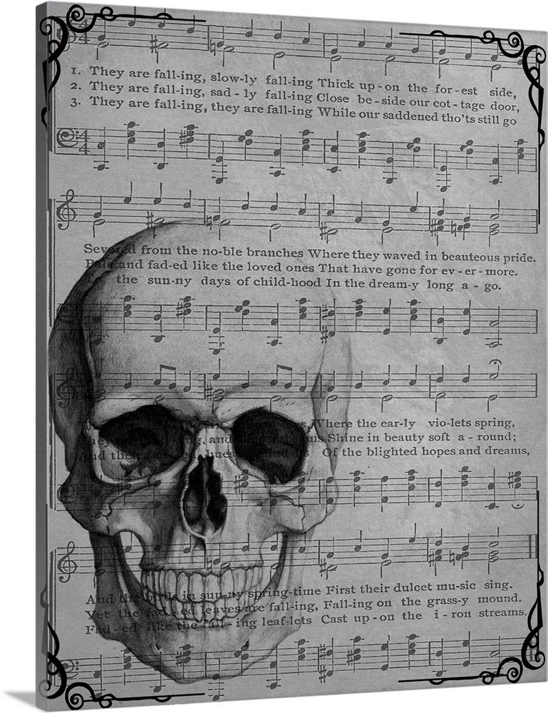 Black and white vintage sheet music with a skull on top.