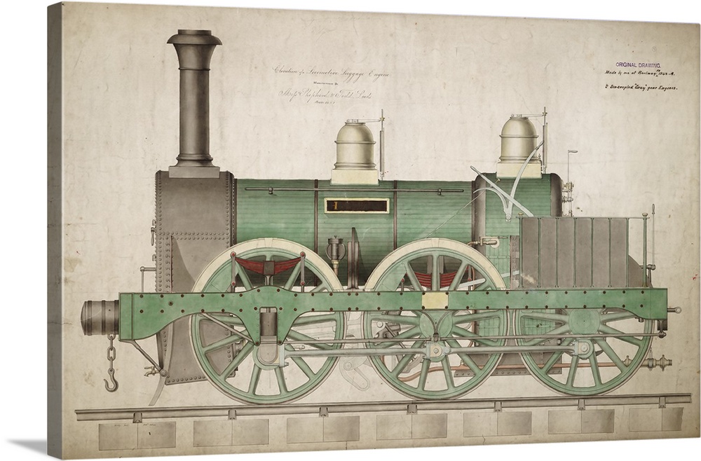 Vintage illustration of a green steam locomotive train against a rustic background.