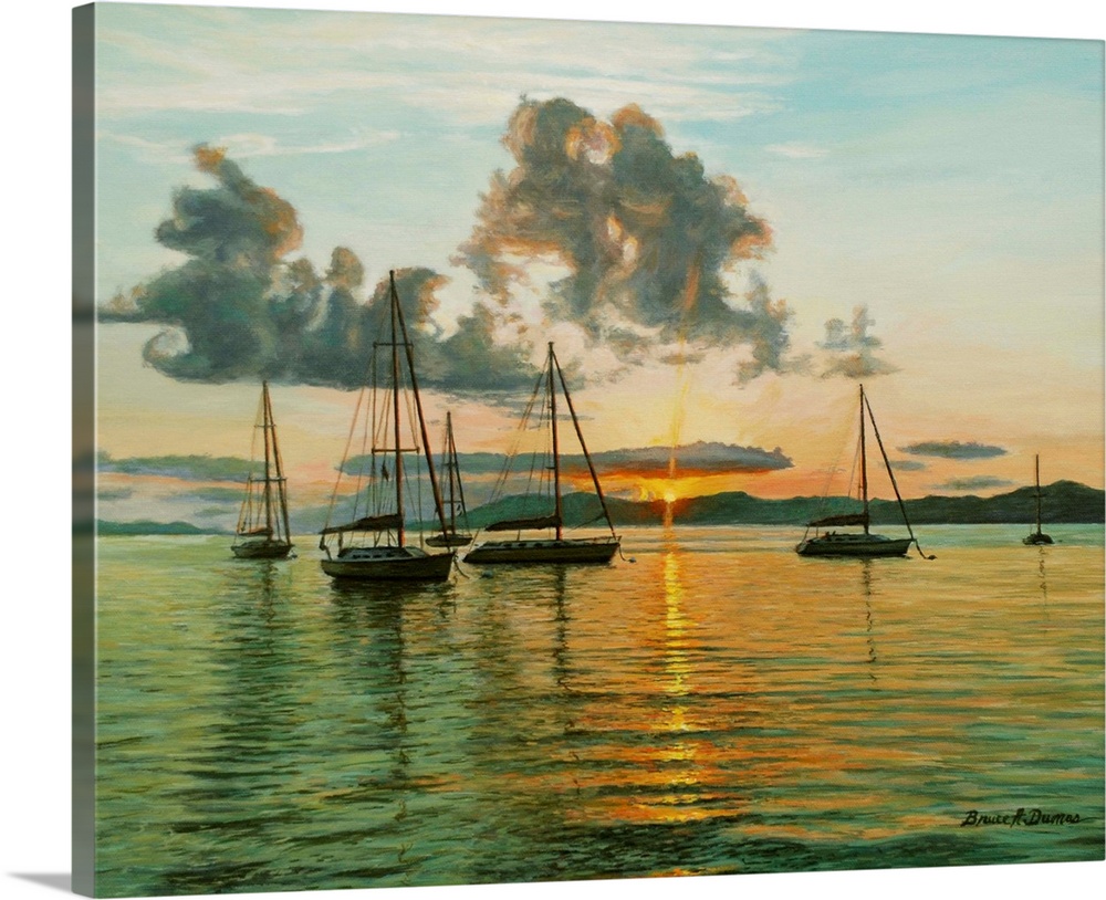 Contemporary artwork of a cove with sailboats moored with islands in the background.