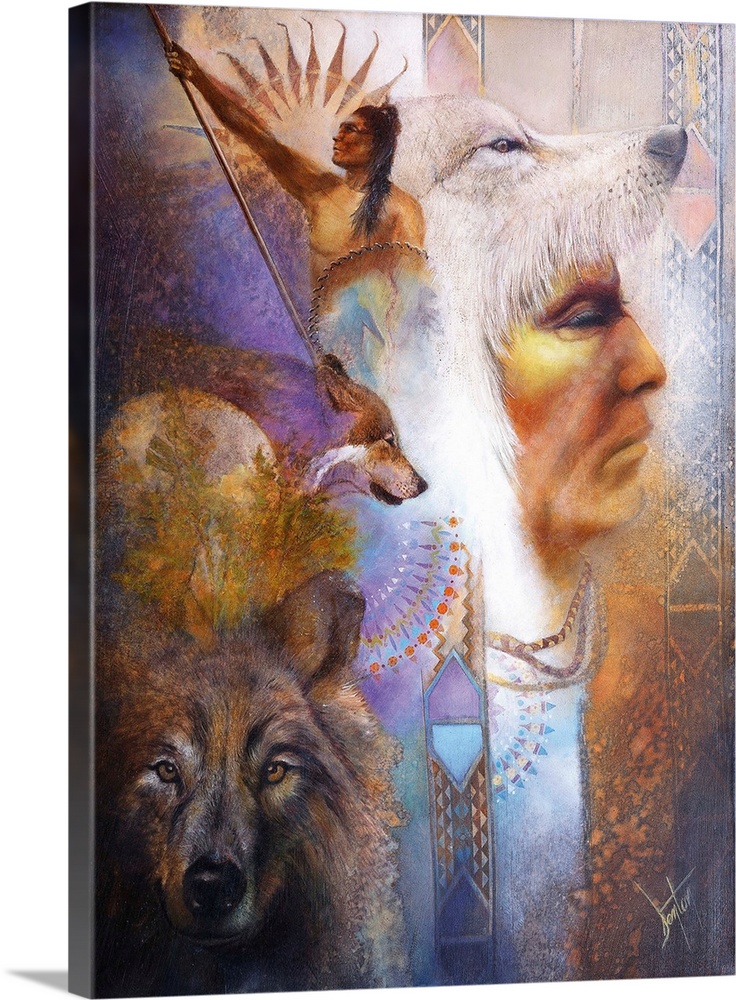 Native American man wearing a wolf skin on his head with images of wolves and Native American men around him.