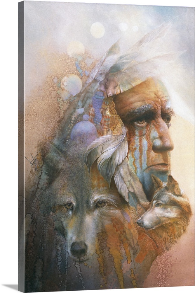 A contemporary painting of an elderly Native American man surrounded by wolves and feathers.