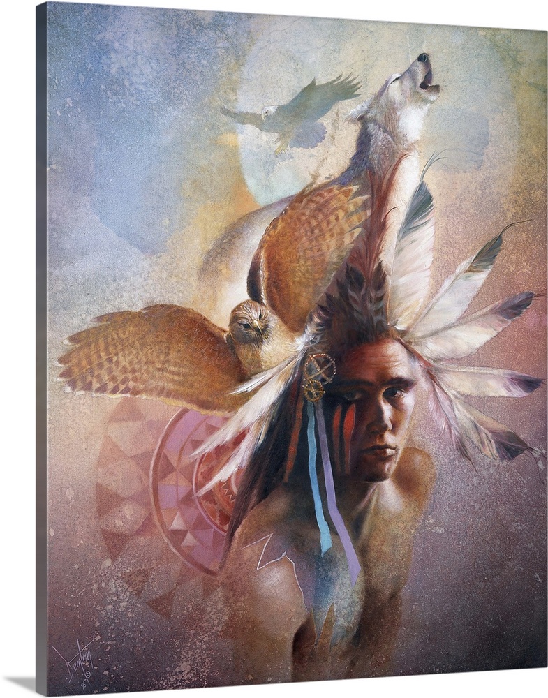 A contemporary painting of a young Native American man wearing feathers in his hair and the images of a falcon and a wolf ...