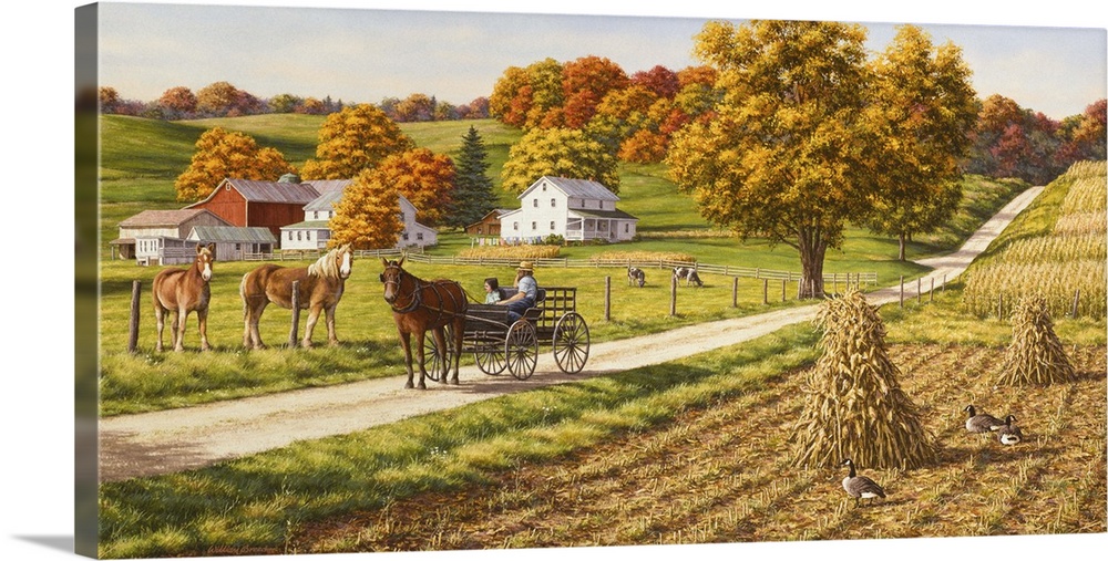 A country fall scene with a horse and buggy going down a dirt road with a couple horses and a couple cows, on the other si...