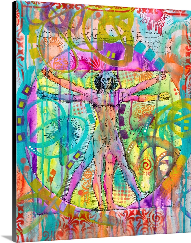 Colorful illustration of Leonardo da Vinci's Vitruvian Man with graffiti-like designs on top.