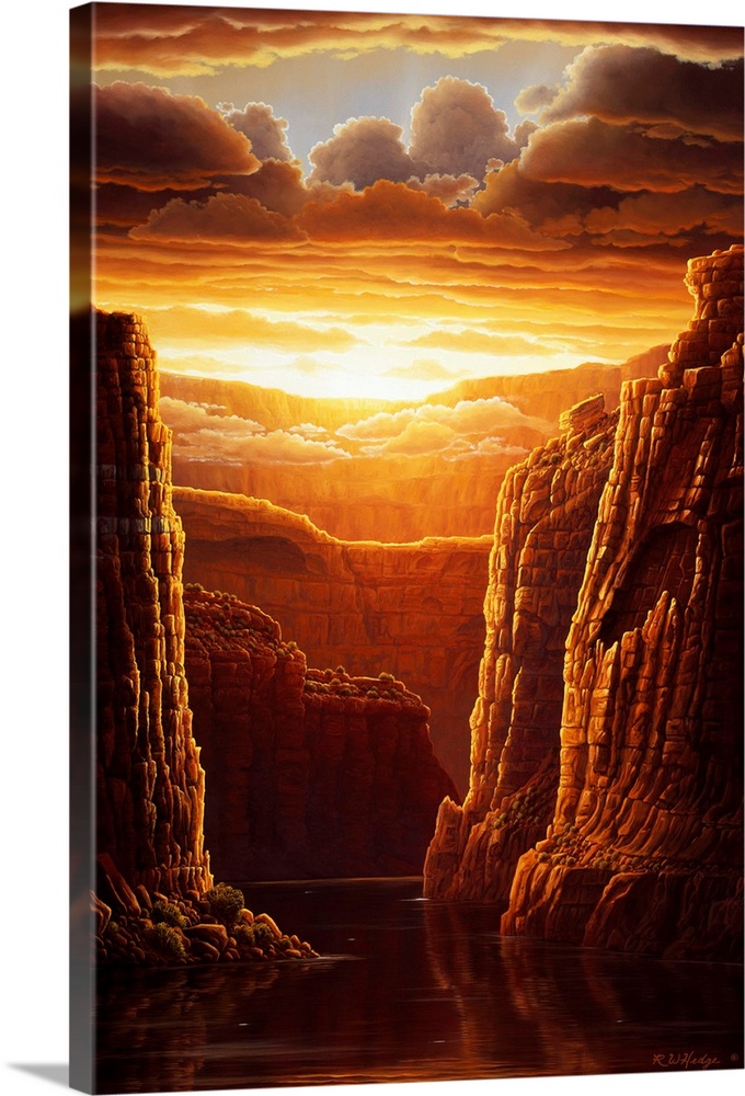 Contemporary landscape painting of the Grand Canyon as the sunsets under the clouds.