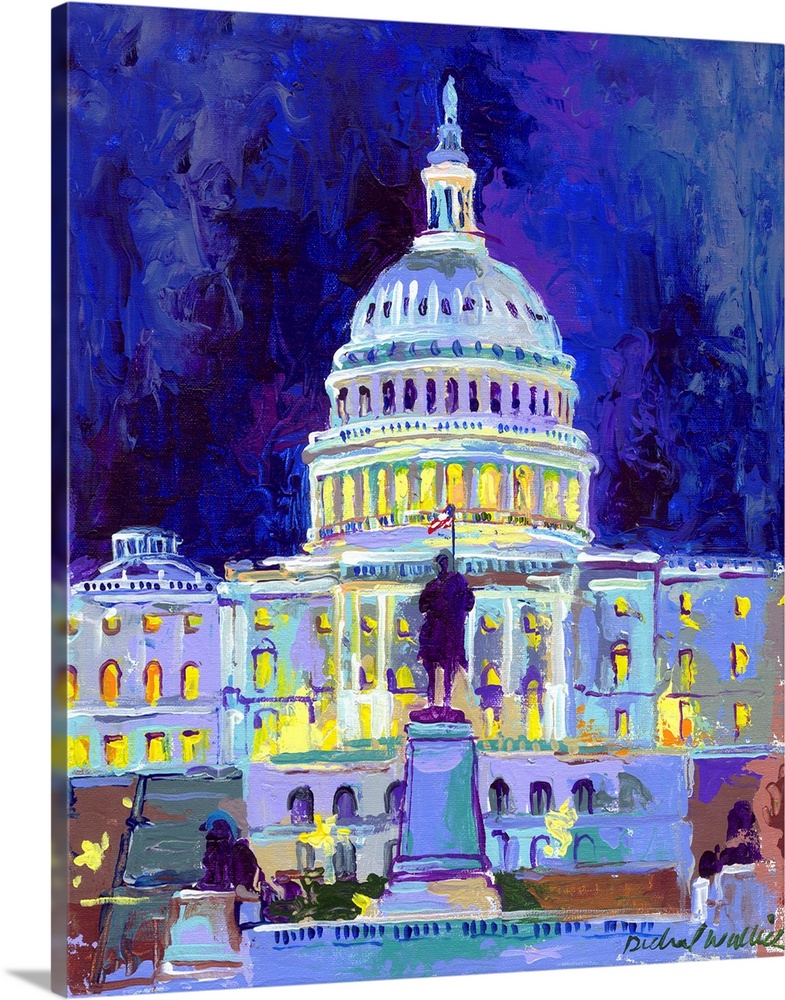 Painting of the nations capitol building lit up at night.